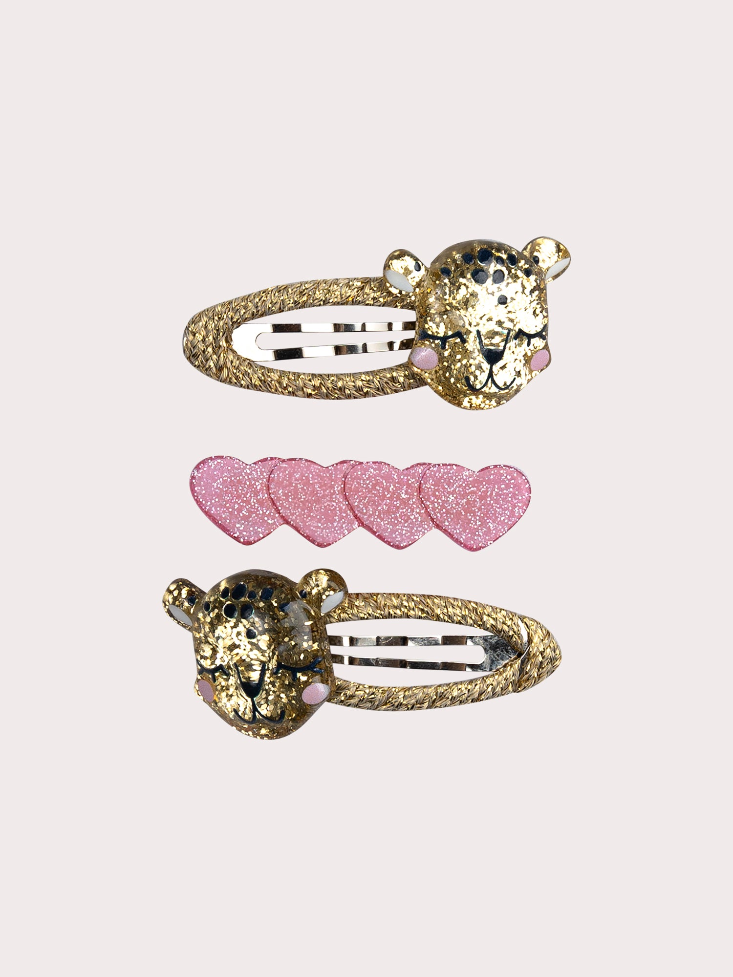 Lot de 3 barrettes léopard et c&oelig;urs paillettés pour fille