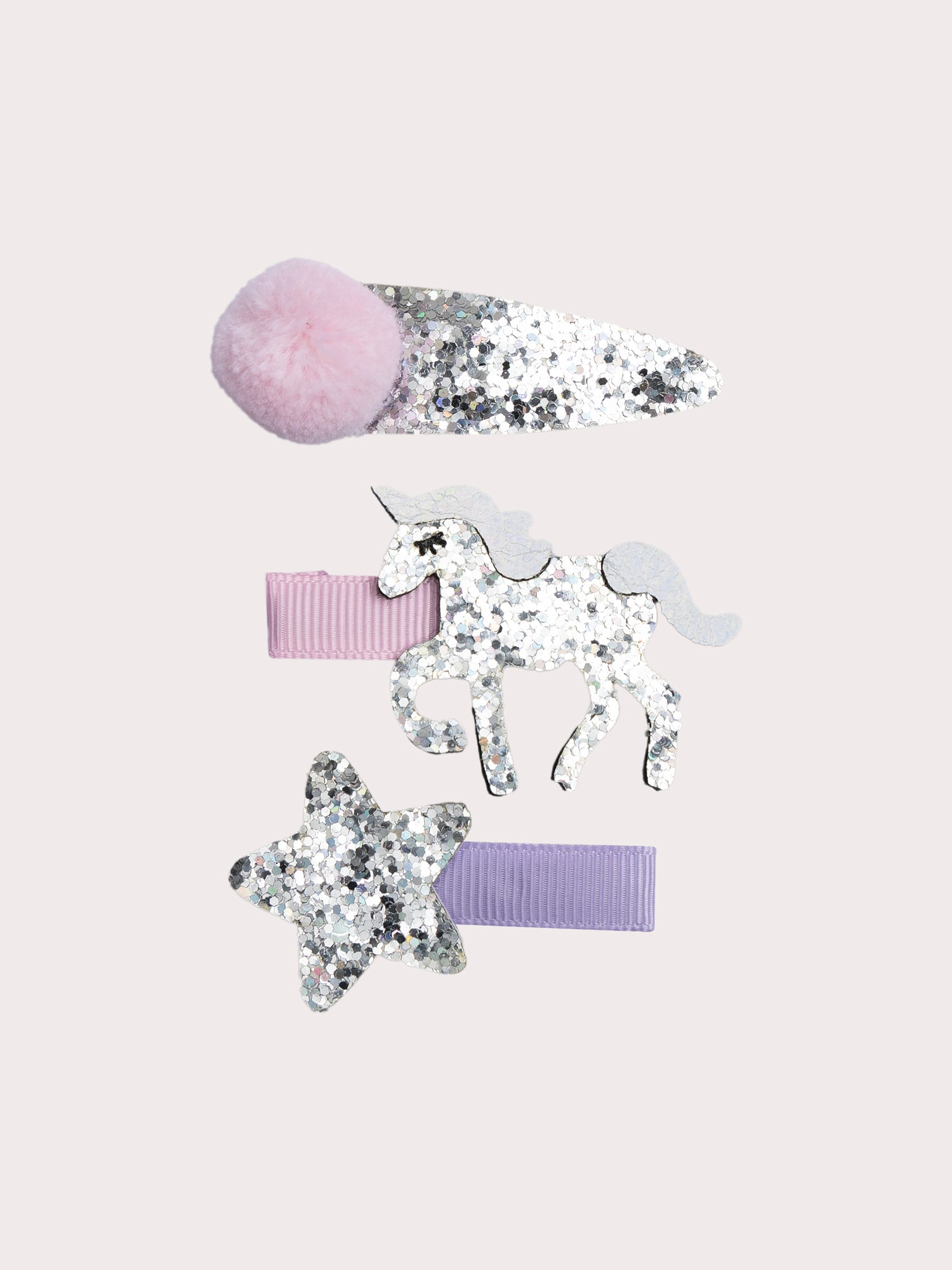 Lot de 3 barrettes étoile, pompon et licorne pour fille